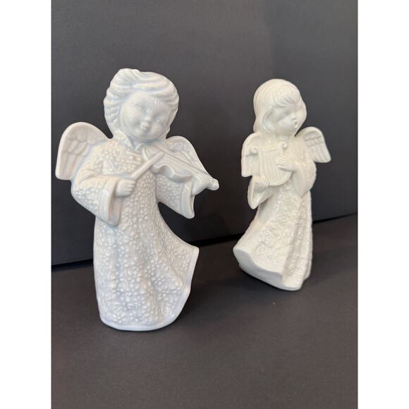 Vintage Porcelain Angel Figurines Violin & Harp Musician Pair Holiday Decor - Picture 2 of 10